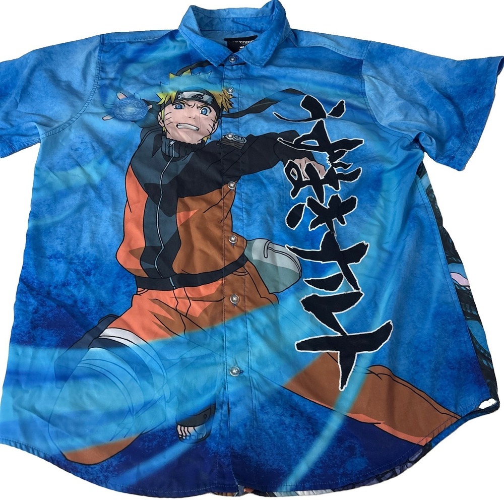 Hot Topic "Naruto" Button Up Mens Shirt 2XL Full Graphic Front And Back blue